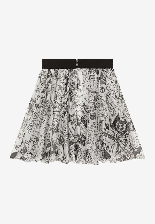 Dolce & Gabbana Kids Girls Graffiti Logo Print Chiffon Skirt Monochrome L54I44 IS1PC HA4CE