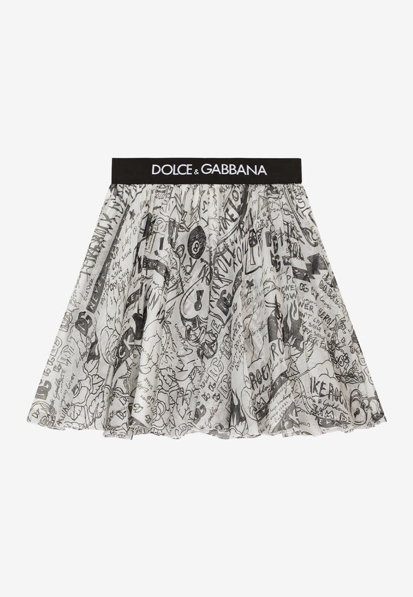 Dolce & Gabbana Kids Girls Graffiti Logo Print Chiffon Skirt Monochrome L54I44 IS1PC HA4CE