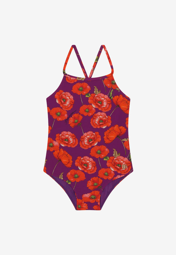 Dolce & Gabbana Kids Girls Poppy Print One-Piece Swimsuit L5J803 FSGZK HP3IW Violet