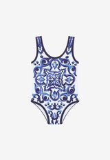 Dolce & Gabbana Kids Girls Majolica Print One-Piece Swimsuit Blue L5J812 G7EW6 HX3TN