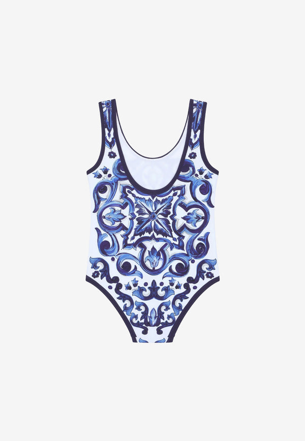 Dolce & Gabbana Kids Girls Majolica Print One-Piece Swimsuit Blue L5J812 G7EW6 HX3TN