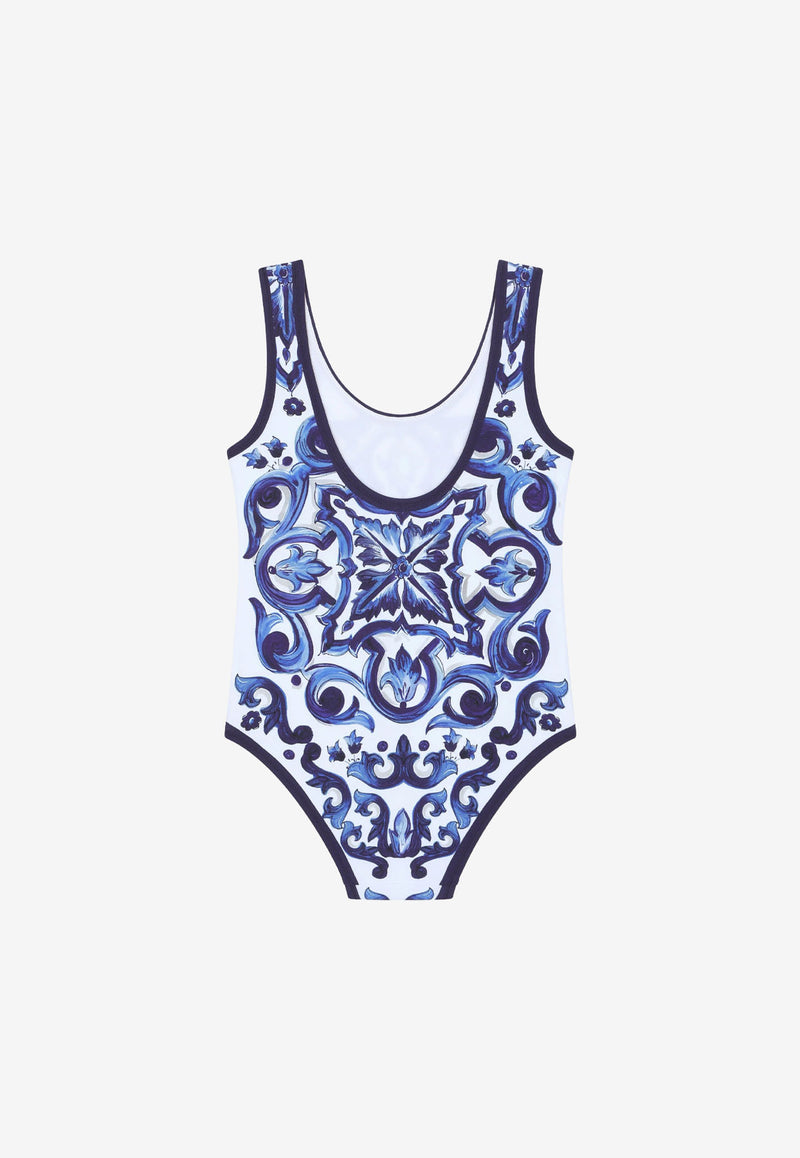 Dolce & Gabbana Kids Girls Majolica Print One-Piece Swimsuit Blue L5J812 G7EW6 HX3TN