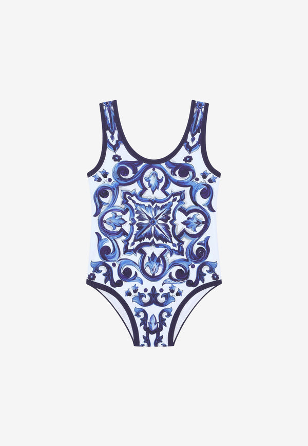 Dolce & Gabbana Kids Girls Majolica Print One-Piece Swimsuit Blue L5J812 G7EW6 HX3TN