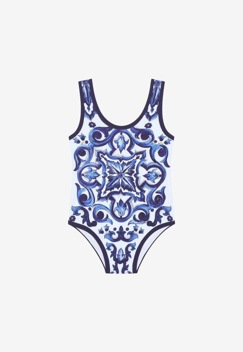 Dolce & Gabbana Kids Girls Majolica Print One-Piece Swimsuit Blue L5J812 G7EW6 HX3TN