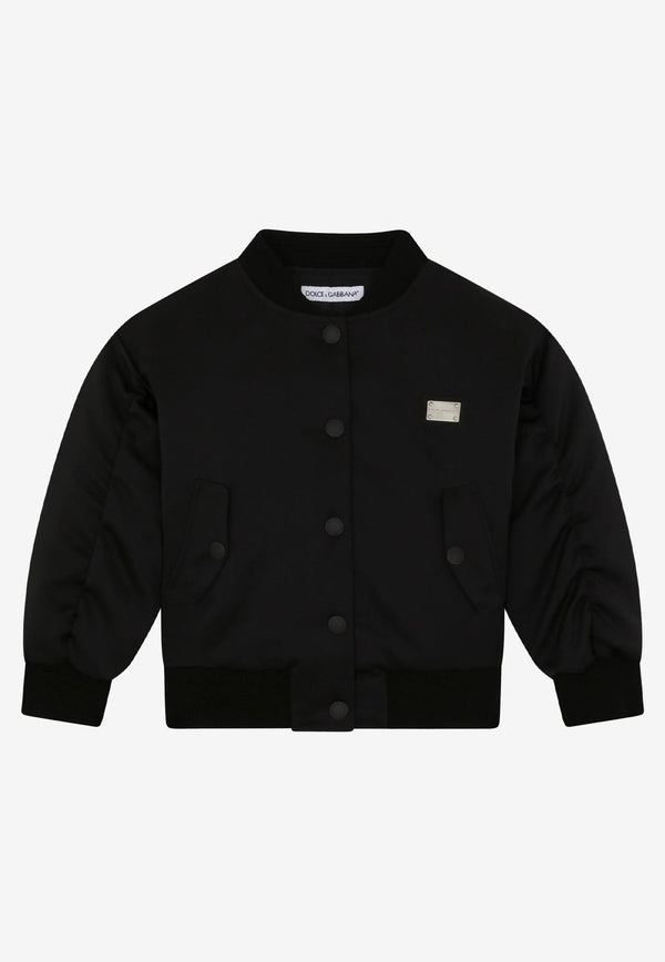 Dolce & Gabbana Kids Girls Logo Plate Satin Bomber Jacket  L5JBJ8 G7B4L N0000 Black