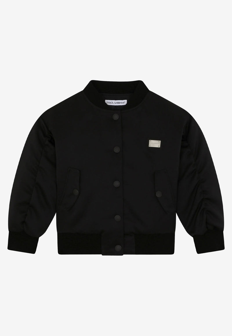 Dolce & Gabbana Kids Girls Logo Plate Satin Bomber Jacket  L5JBJ8 G7B4L N0000 Black