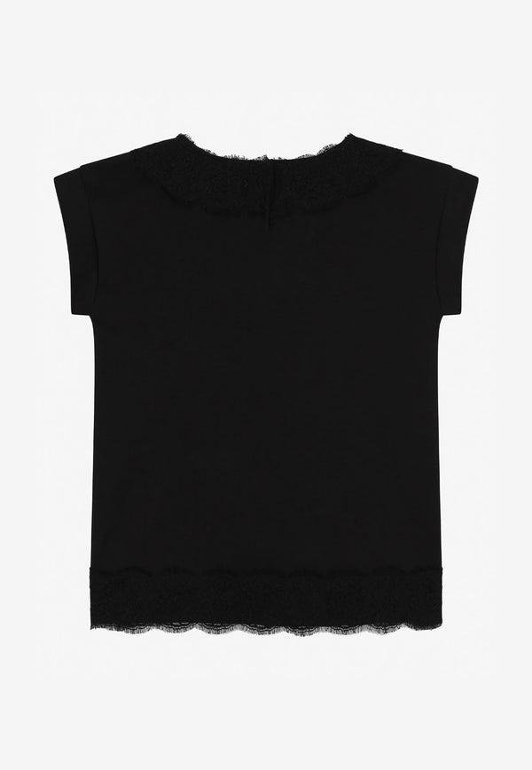 Dolce & Gabbana Kids Girls Lace-Trimmed DG Logo T-shirt Dress L5JD4E G7C2U N0000 Black