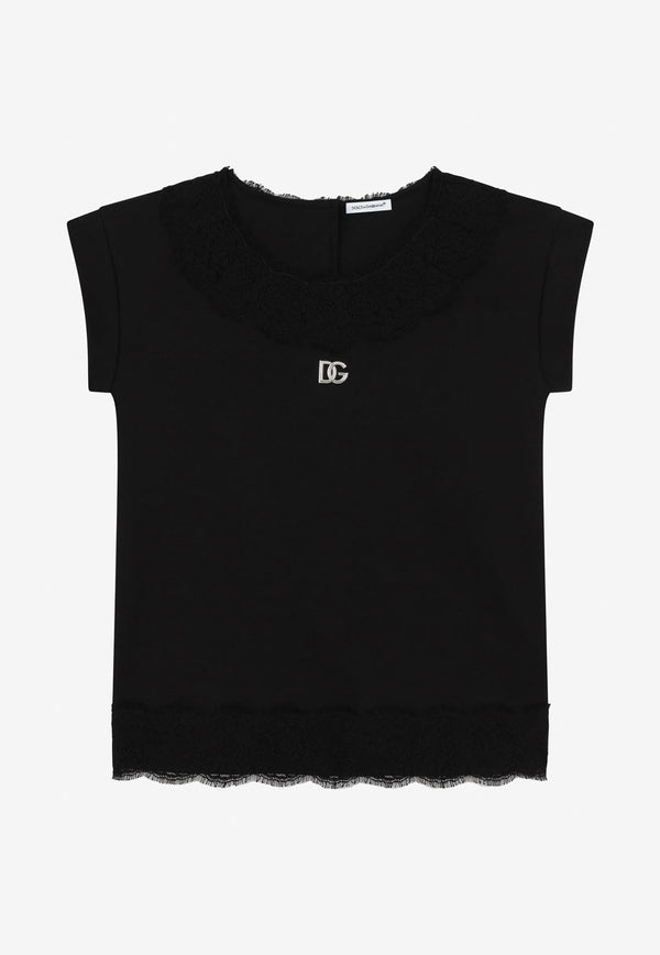 Dolce & Gabbana Kids Girls Lace-Trimmed DG Logo T-shirt Dress L5JD4E G7C2U N0000 Black