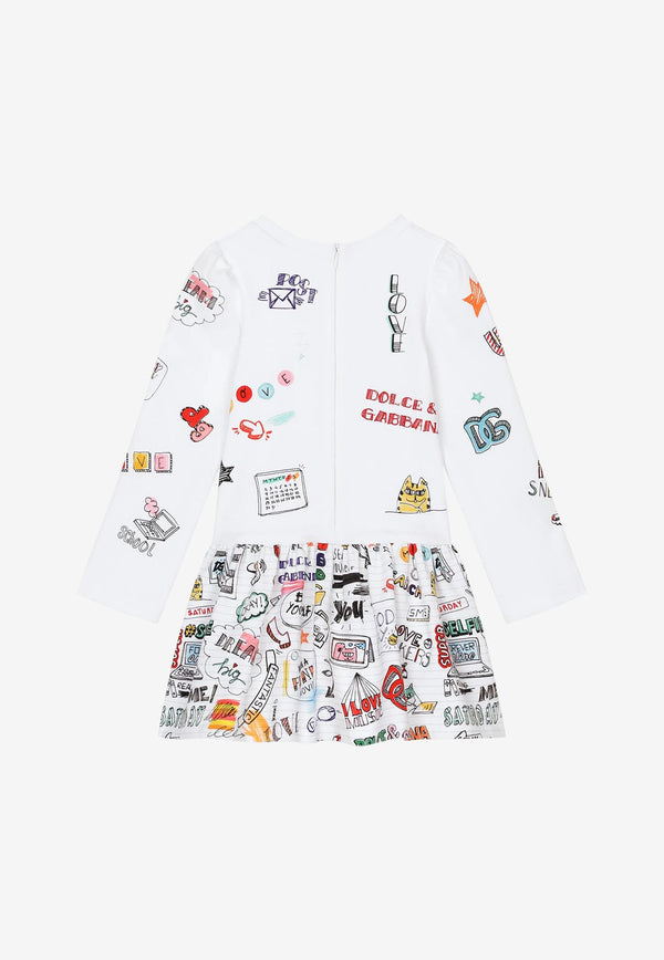 Dolce & Gabbana Kids Girls Smemo Print Long-Sleeved Dress White L5JD4M G7E1B HW3VG