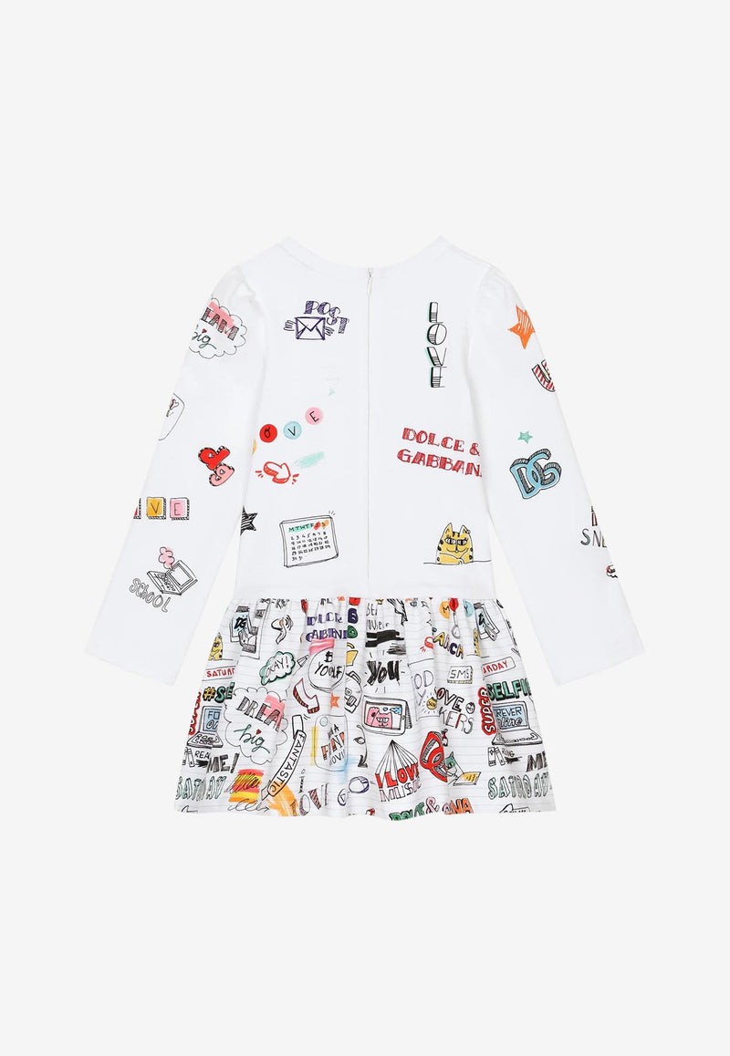 Dolce & Gabbana Kids Girls Smemo Print Long-Sleeved Dress White L5JD4M G7E1B HW3VG
