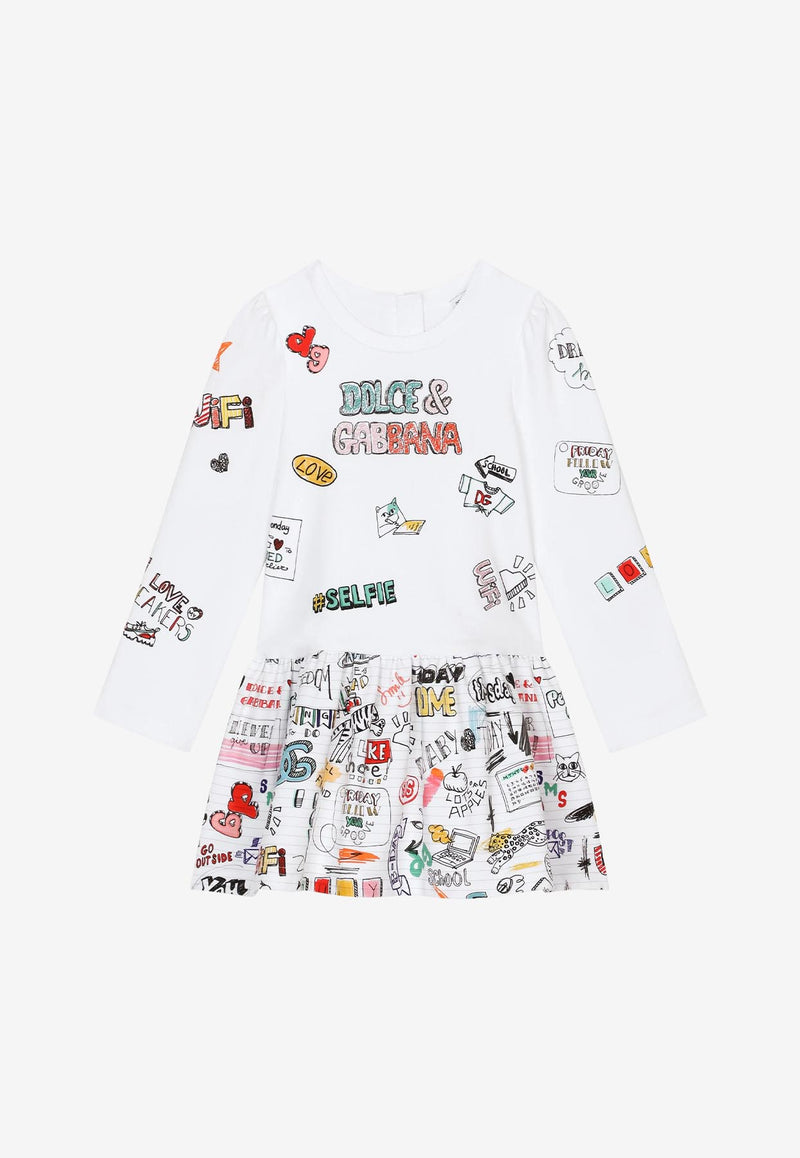 Dolce & Gabbana Kids Girls Smemo Print Long-Sleeved Dress White L5JD4M G7E1B HW3VG