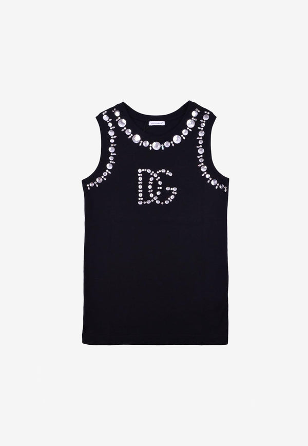Dolce & Gabbana Kids Girls Studded DG Logo Tank Top Black L5JN75 G7H8B N0000