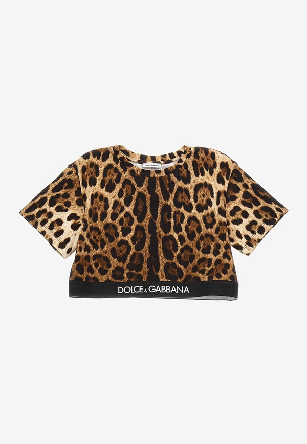 Dolce & Gabbana Kids Girls Leopard Print Cropped T-shirt Brown L5JTHR FSGQX HY13M