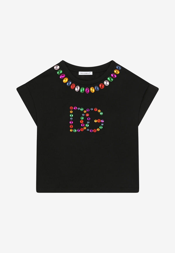 Dolce & Gabbana Kids Girls Studded DG Interlock T-shirt Black L5JTID G7B4K N0000
