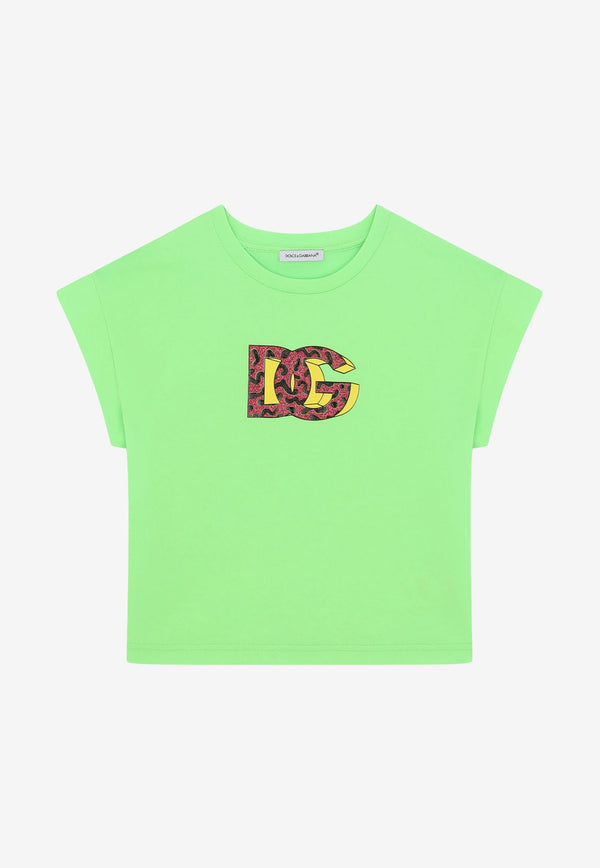 Dolce & Gabbana Kids Girls Glittered DG Logo T-shirt Green L5JTID G7CC6 V3836