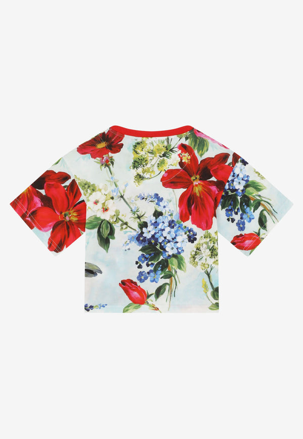 Dolce & Gabbana Kids Girls Garden Print T-shirt with Brocade DG Patch Multicolor L5JTIJ HS7HD HC3JD