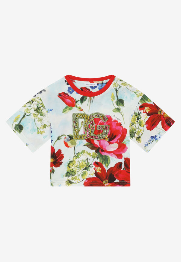 Dolce & Gabbana Kids Girls Garden Print T-shirt with Brocade DG Patch Multicolor L5JTIJ HS7HD HC3JD