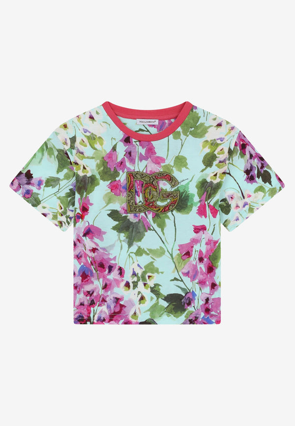 Dolce & Gabbana Kids Girls Bluebell Print T-shirt with Brocade DG Patch Multicolor L5JTIK G7B6Q HC3JB