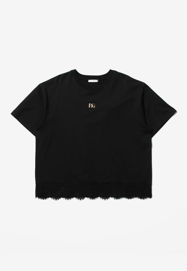 Dolce & Gabbana Kids Girls Lace-Trimmed DG Logo T-shirt Black L5JTJD G7C3F N0000