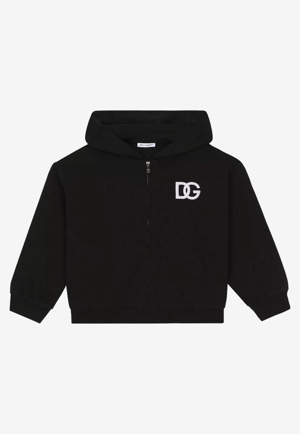 Dolce & Gabbana Kids Boys DG Embroidered Zip-Up Hoodie Black L5JW8R G7I0I N0000