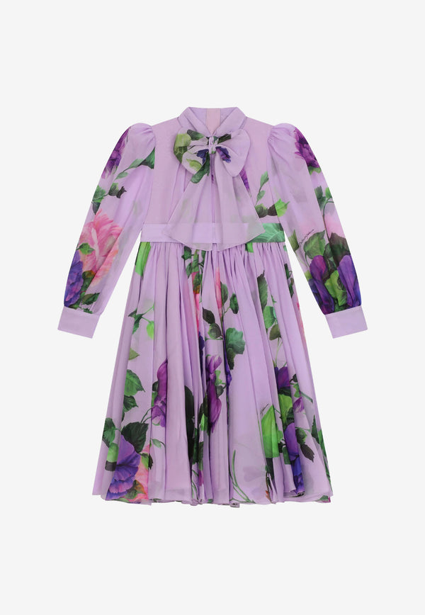 Dolce & Gabbana Kids Girls Rose Print Georgette Midi Dress Lilac L5SDL3 G7D6N HP3ZO