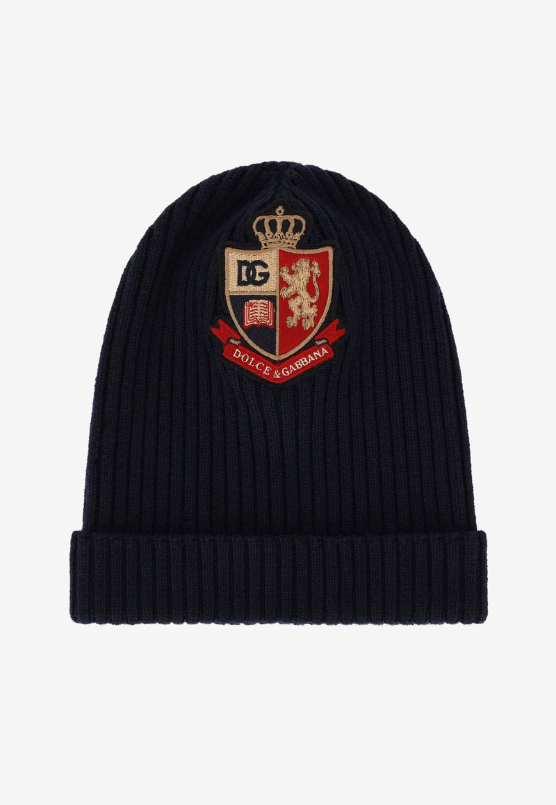 Dolce & Gabbana Kids Kids Ribbed Knit Hat with Heraldic Patch Black LBKH72 JBVR3 B0665