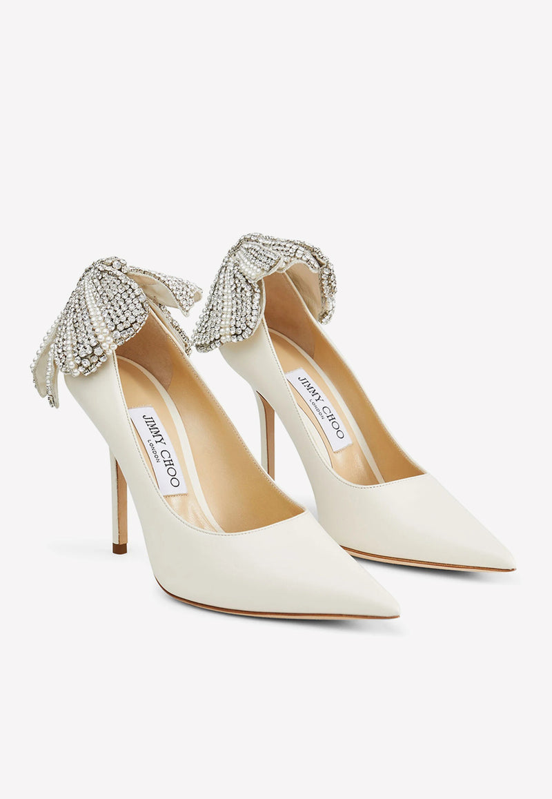 Jimmy Choo Love 100 Nappa Leather Pumps with Pearl and Crystal Bow Latte LOVE 100 BLG LATTE MIX