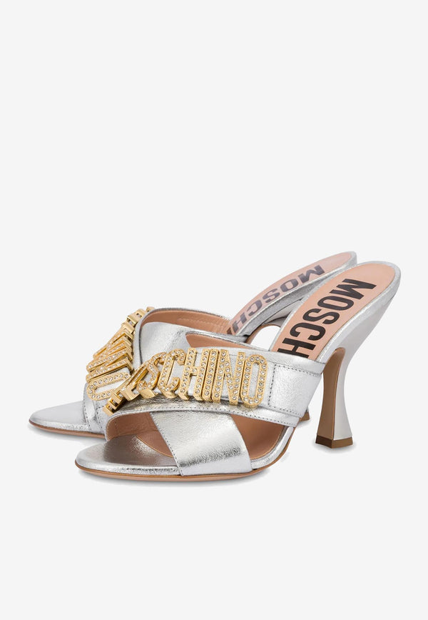 Moschino 100 Crystal Logo Sandals in Metallic Leather MA2830AC1GMC5902 VIT METAL ARGENT Silver