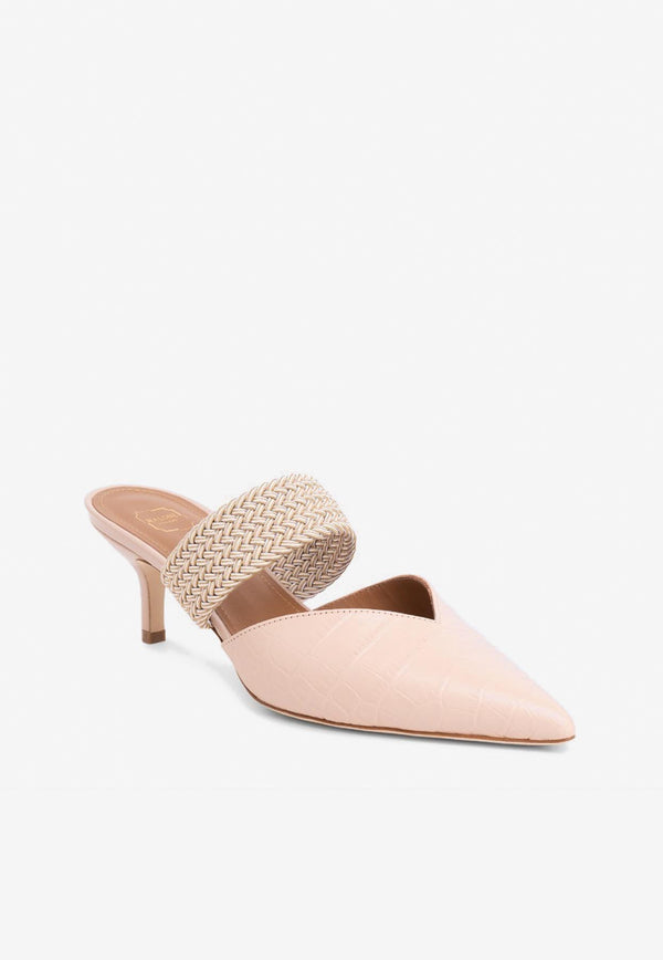 Malone Souliers Maisie 45 Mules in Croc-Embossed Leather Almond MAISIE 45-123 ALMOND/ALMOND