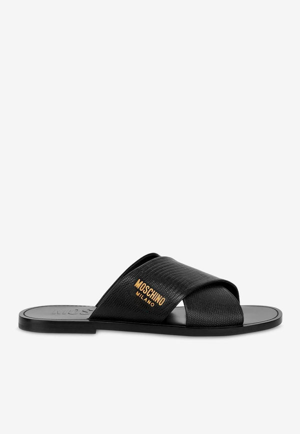 Moschino Flat Sandals in Croc Print Calf Leather MB28151C1GGQ5000 NERO Black
