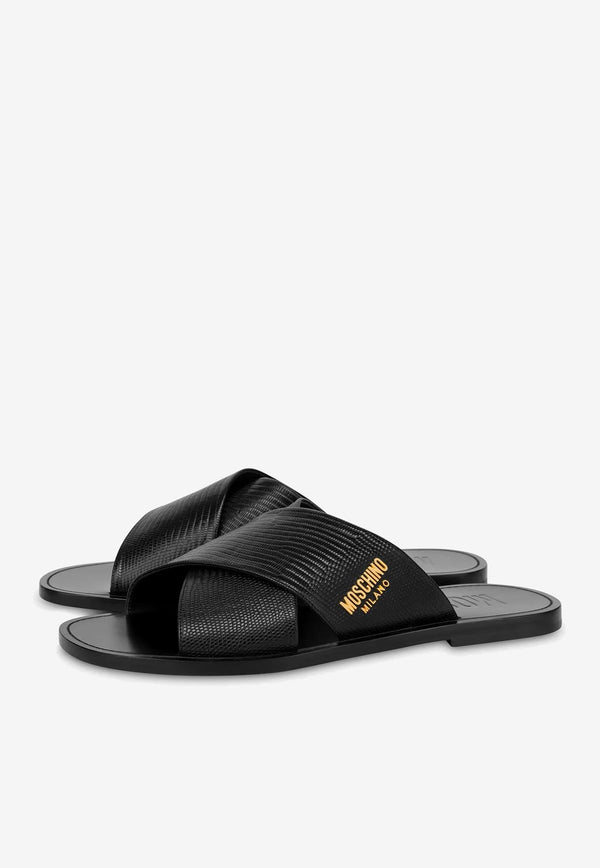 Moschino Flat Sandals in Croc Print Calf Leather MB28151C1GGQ5000 NERO Black