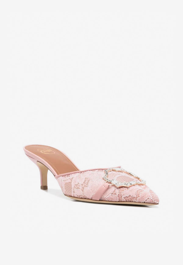 Malone Souliers Missy 45 Pointed Lace Mules with Crystal Buckle Pink MISSY 45-11 PINK/ROSE