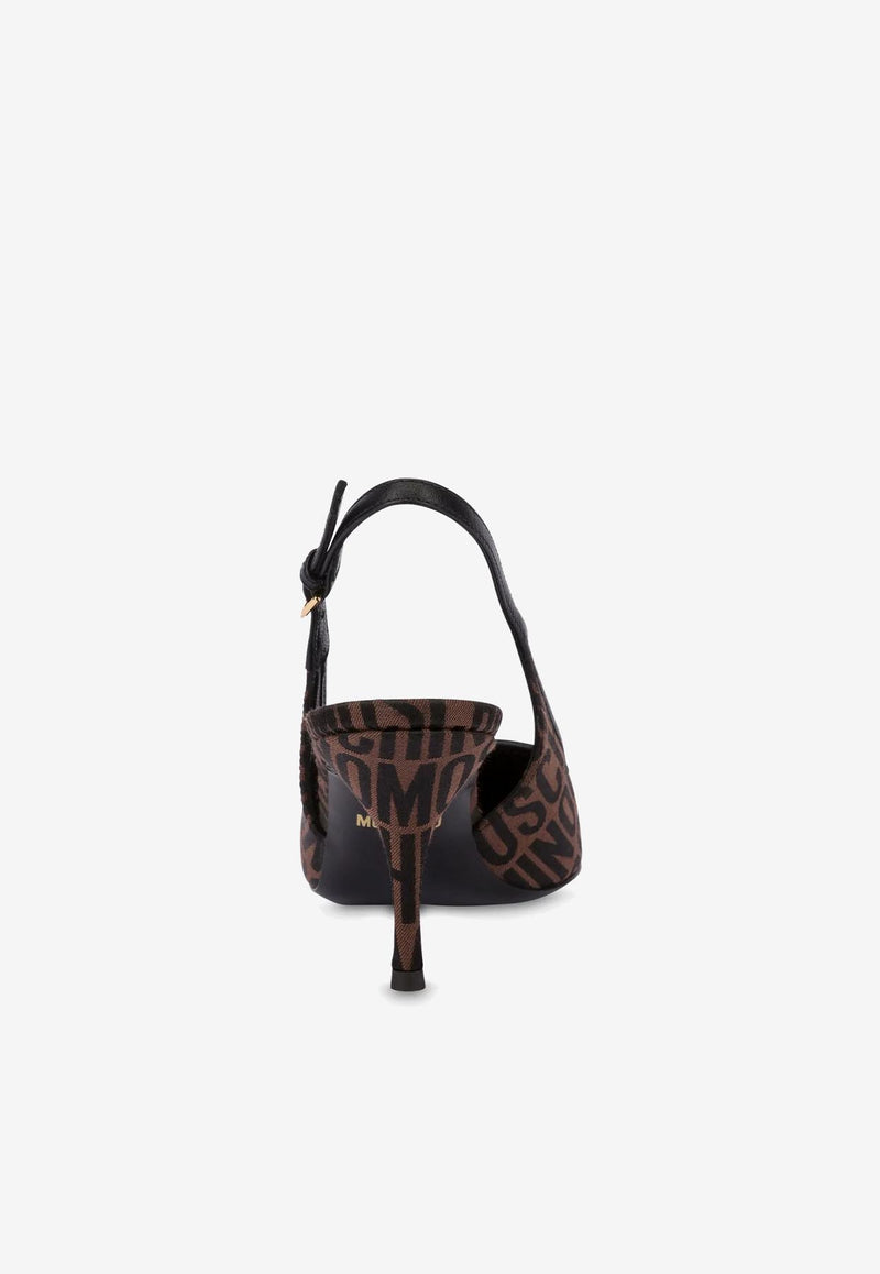 Moschino 75 All-Over Logo Slingback Pumps MN10047C1G10130A MA-NE Brown