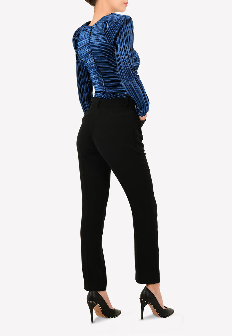 Pleated Lamé Padded Shoulder Top