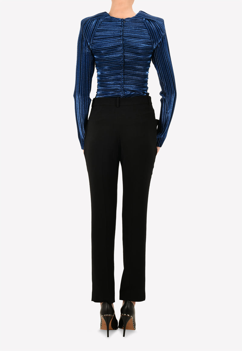 Pleated Lamé Padded Shoulder Top
