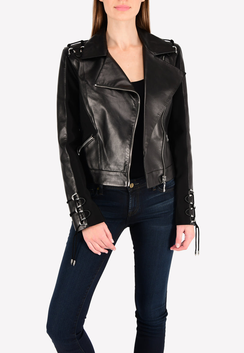 Leather Biker Jacket with Stretch-Knit Panels and Lace-up Trims