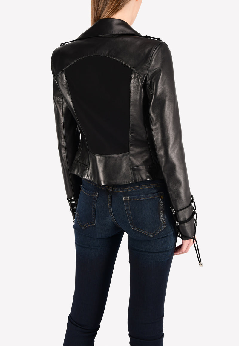 Leather Biker Jacket with Stretch-Knit Panels and Lace-up Trims