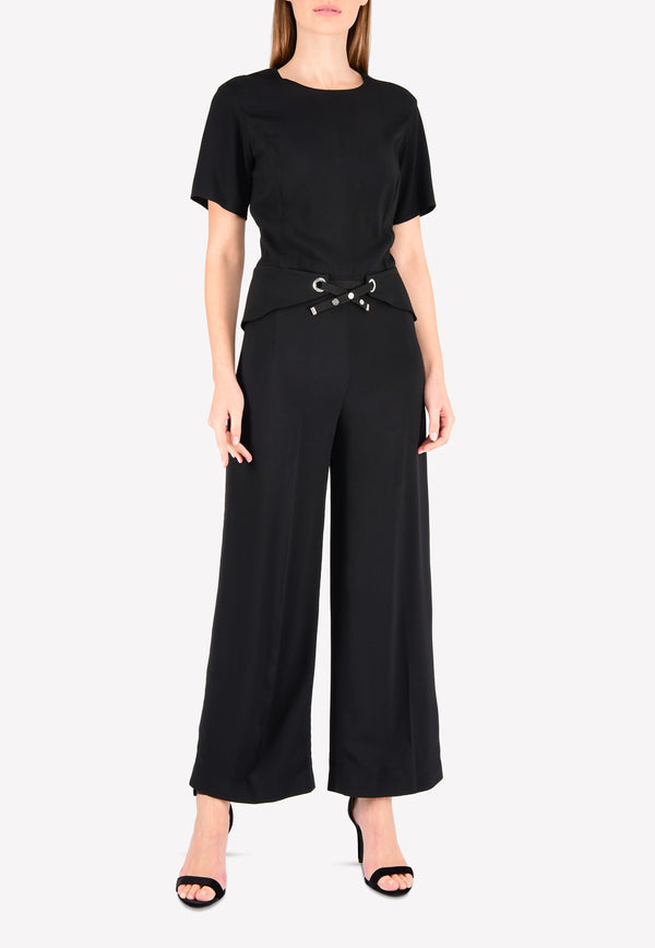 Wide-Leg Belted Jumpsuit with Criss-Cross Lace Details