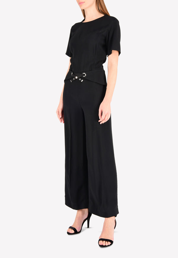 Wide-Leg Belted Jumpsuit with Criss-Cross Lace Details