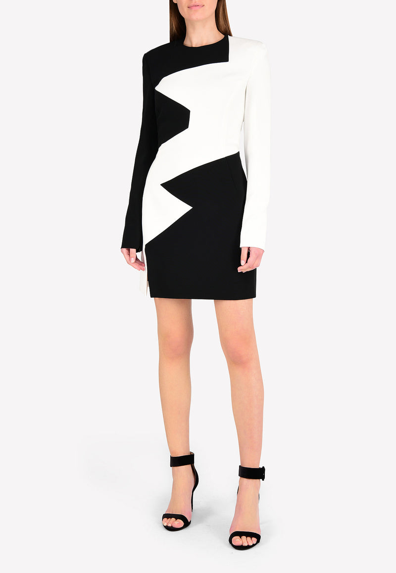 Monochrome Geometric Pattern Sleeved Mini Dress