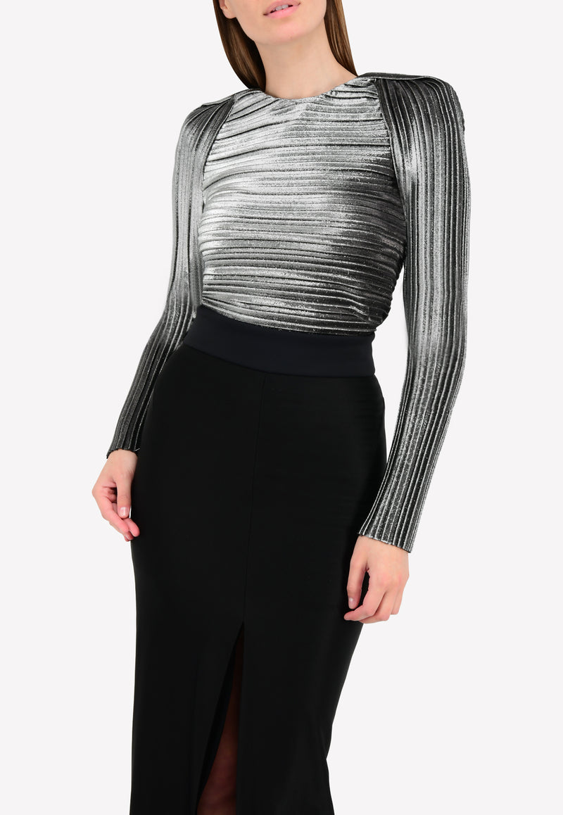 Lamé Pleated Padded Shoulder Top