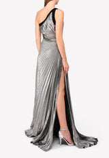 Pleated Lamé One-Shoulder Side Slit Dress