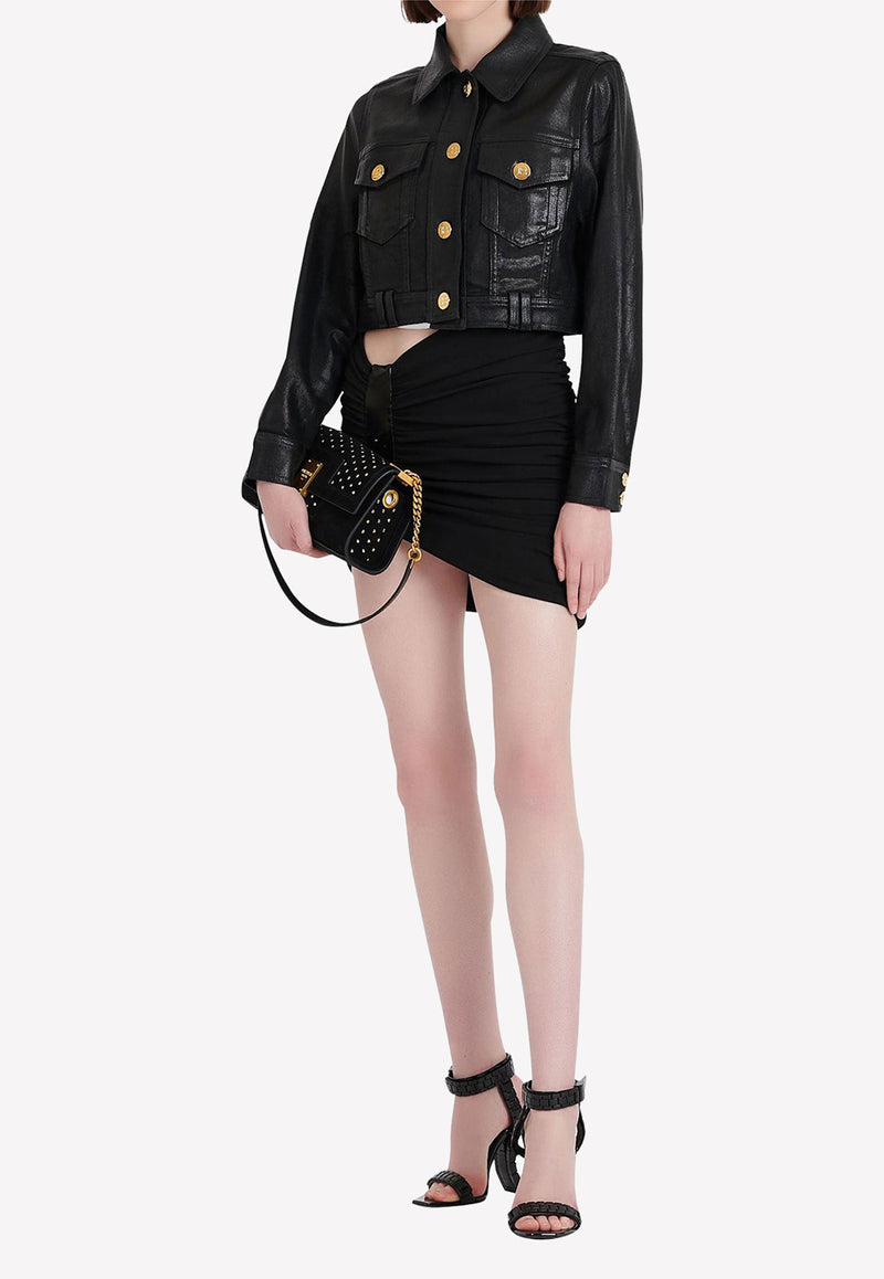 Balmain Asymmetric Ruched Mini Skirt Black XF0LB400JC90--0PA