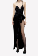 Alessandra Rich Asymmetric Ruffled Silk Gown with Crystal Embellishment Black FAB3074-F2569-900