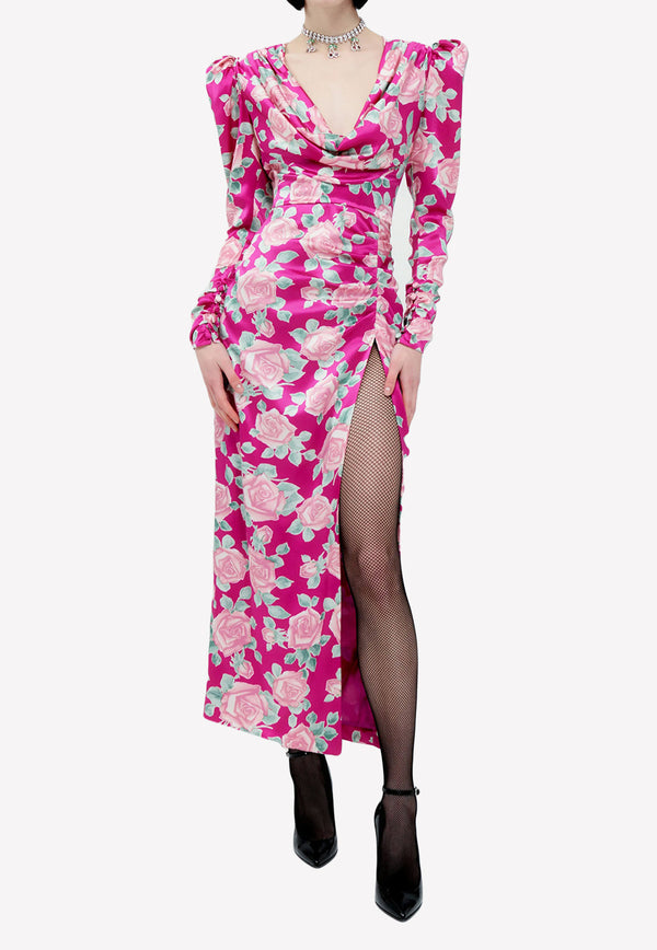 Alessandra Rich Floral Print Maxi Silk Dress Fuchsia FAB3113-F3718-1709