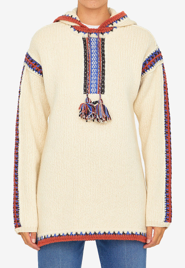 13735-9139-990 Cream Jacquard Hooded Sweater in Wool