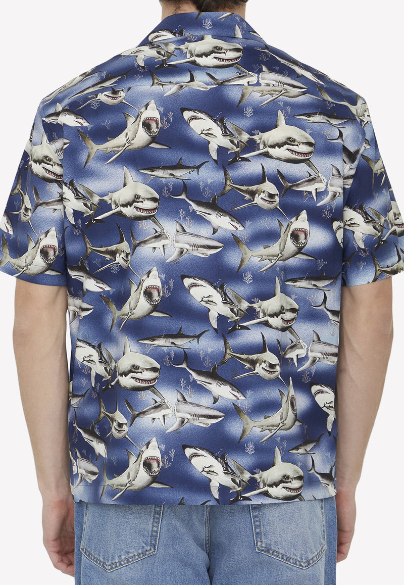 Palm Angels Shark Print Short-Sleeved Shirt PMGA110S23FAB005--4510 Blue