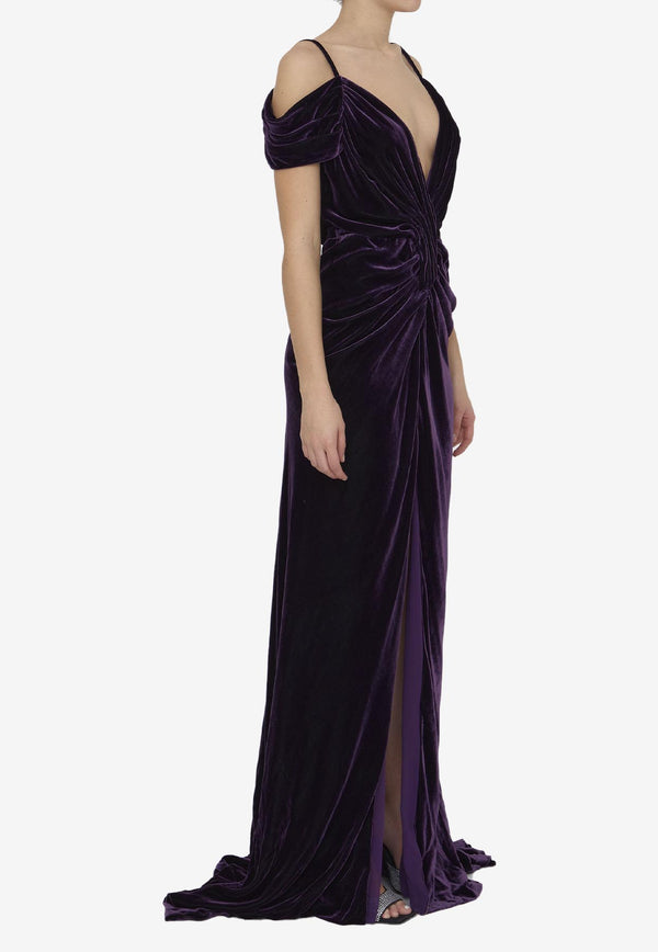 Costarellos Off-Shoulder Maxi Velvet Dress Purple FW22 - 54--DEEP PURPLE