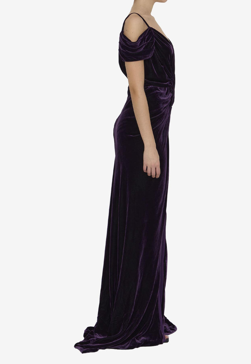 Costarellos Off-Shoulder Maxi Velvet Dress Purple FW22 - 54--DEEP PURPLE