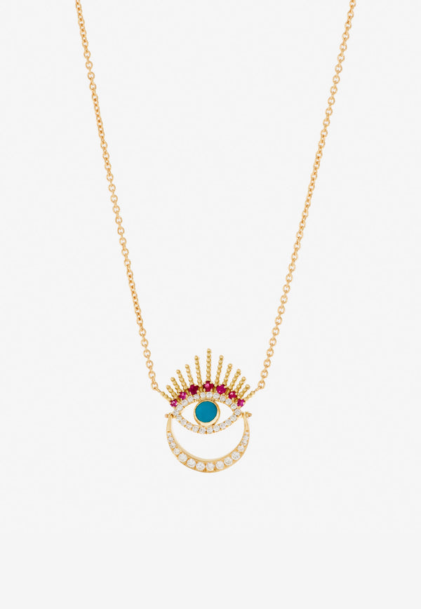 Falamank Written In The Stars Collection Serene Night - Moon Evil Eye Diamond Necklace in 18-karat Yellow Gold NK576